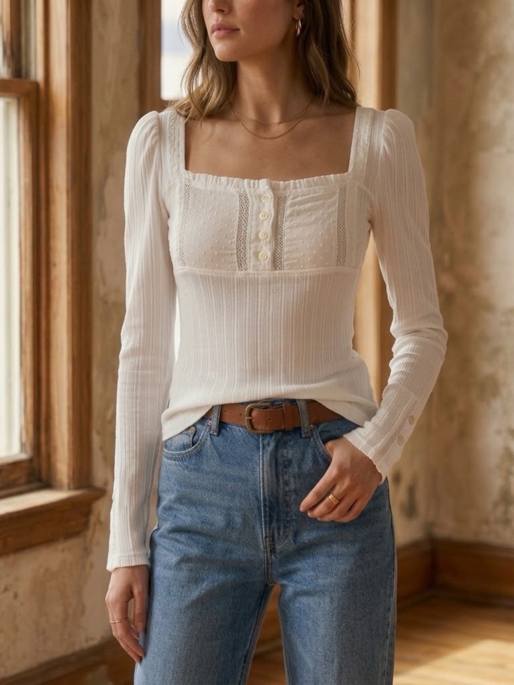 Free People Sugar Sugar Lace Ribbed Long Sleeve Top White Ivory XS NWT